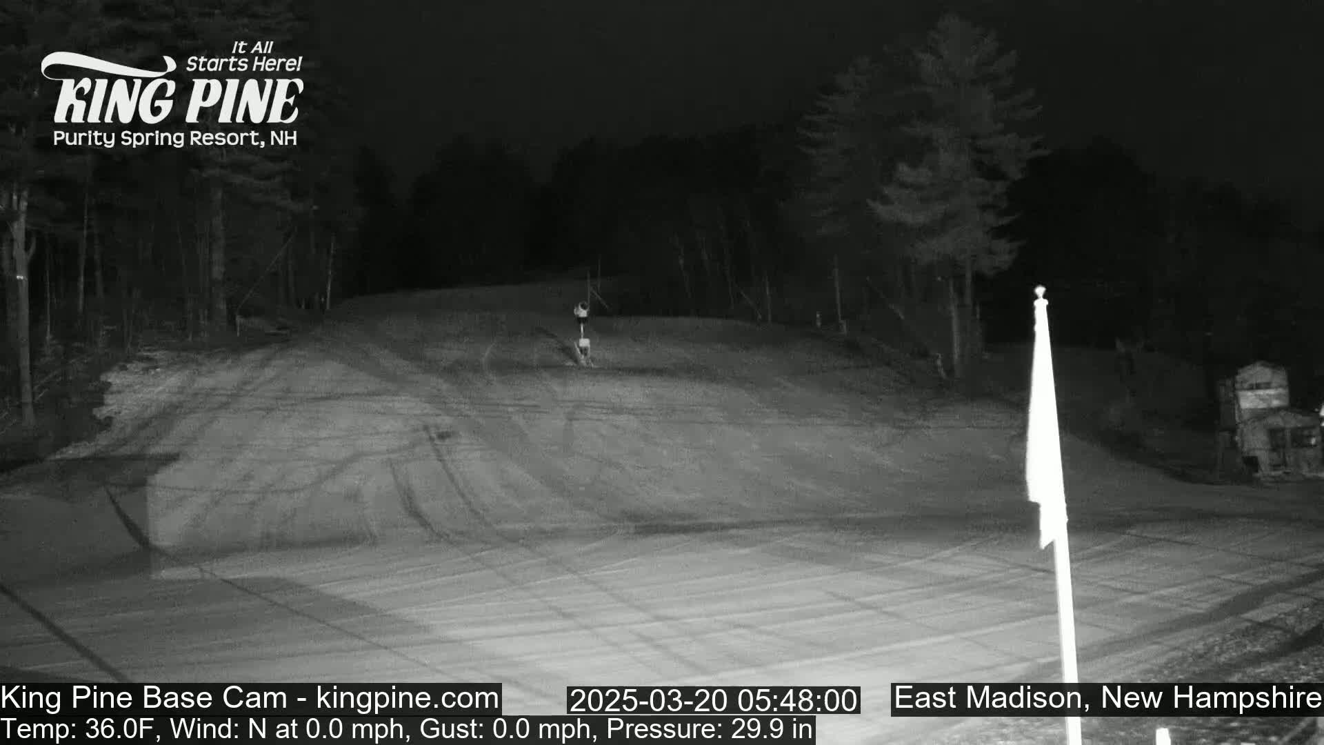 A nighttime, snow-covered road is visible, with trees lining the sides and a flagpole to the right.