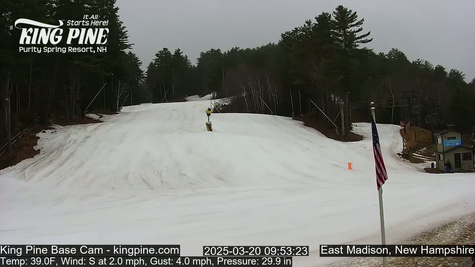 A snow-covered ski slope with a person skiing down it, under an overcast sky, is surrounded by trees.