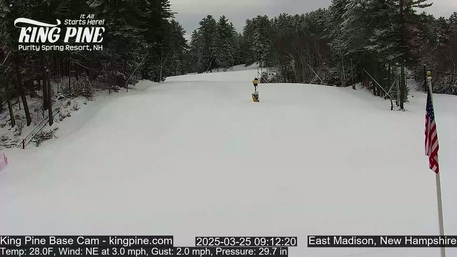 A snow-covered ski slope is seen under an overcast sky, with a sparsely populated wooded area in the background.