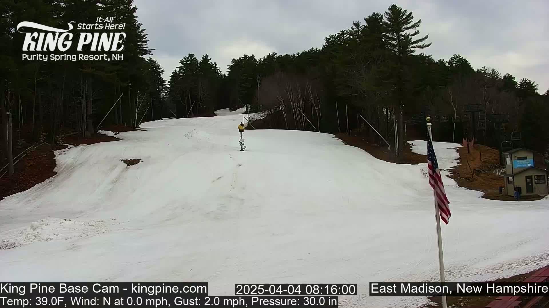 A snow-covered ski slope with a person skiing down it, under an overcast sky, is surrounded by a wooded area.