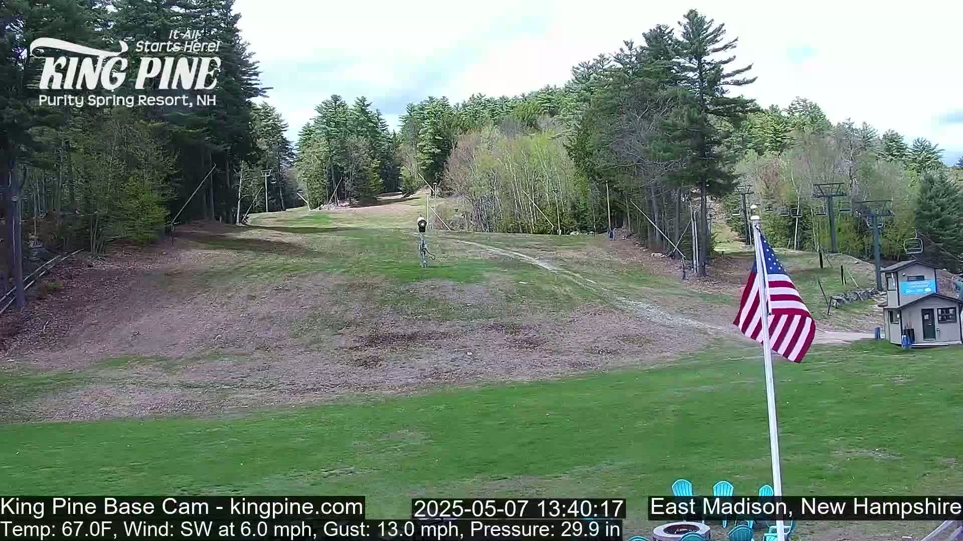A grassy ski slope with a ski lift and an American flag in the foreground, under a partly cloudy sky.