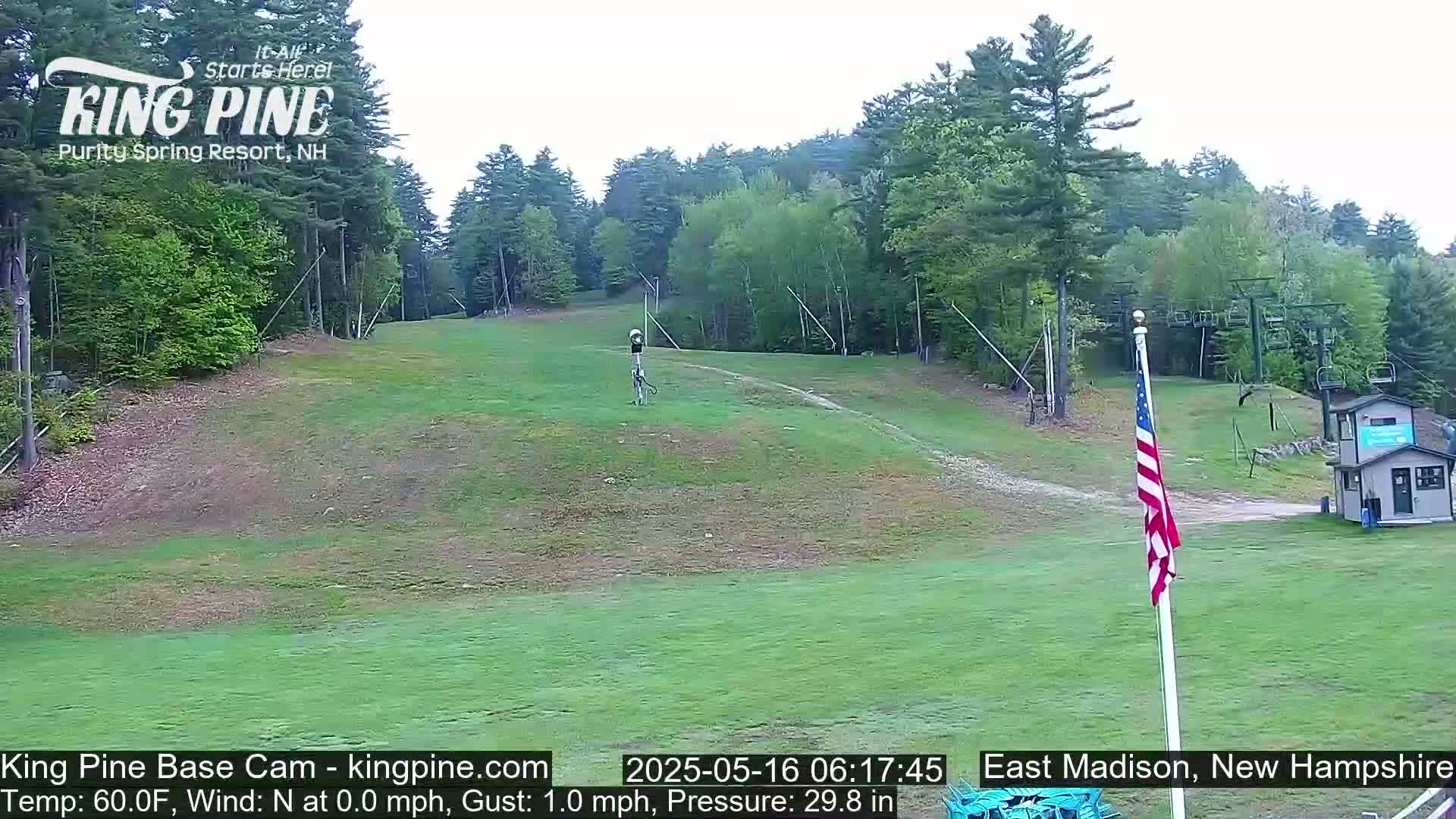 A grassy ski slope with a chairlift and American flag in the foreground, under a partly cloudy sky.
