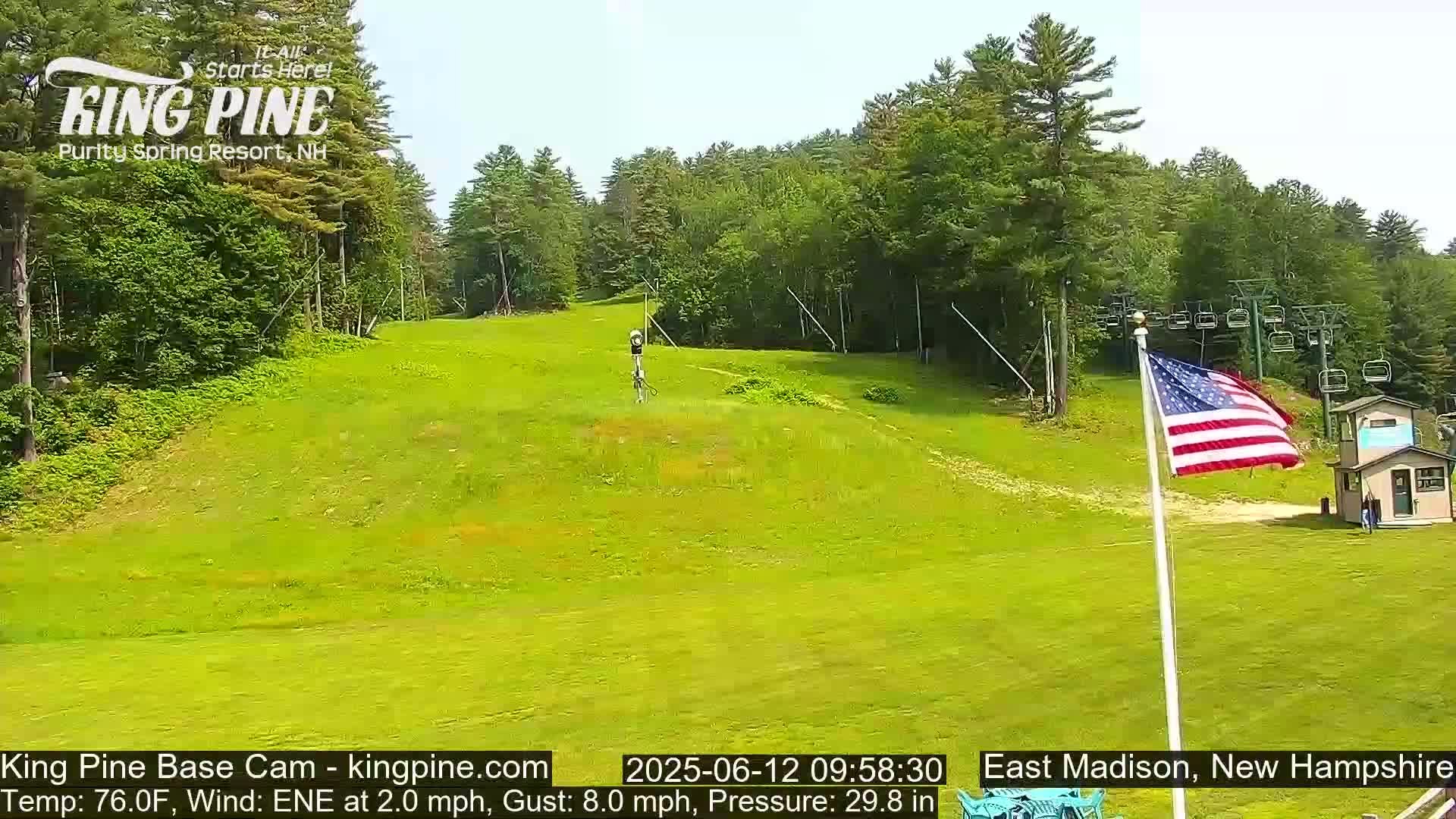A grassy hill slopes downward toward a chairlift and a small building, with a U.S. flag waving in a light ENE wind under sunny skies.