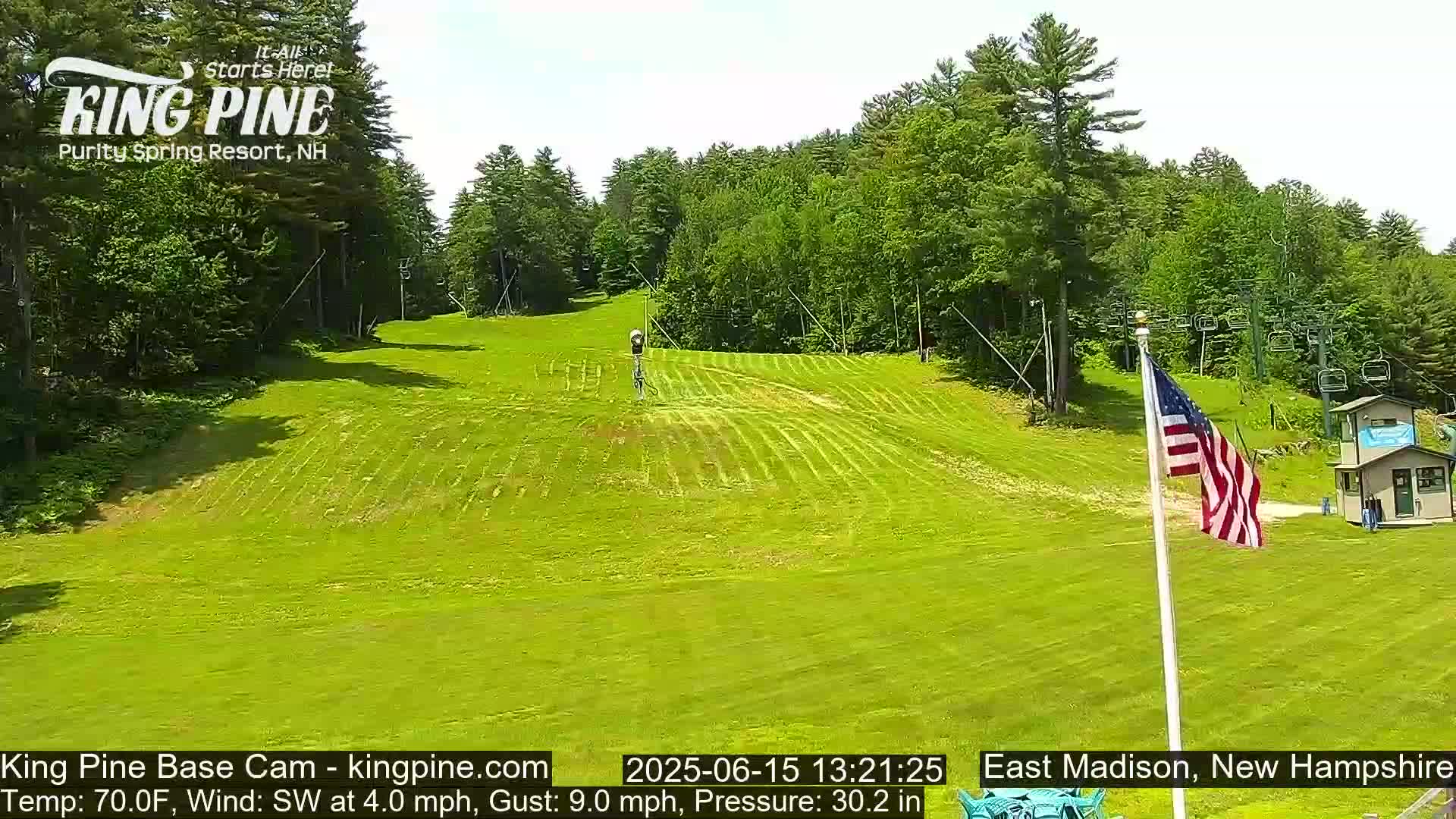 A grassy ski slope with a chairlift and American flag, surrounded by lush green trees under a mostly sunny sky.
