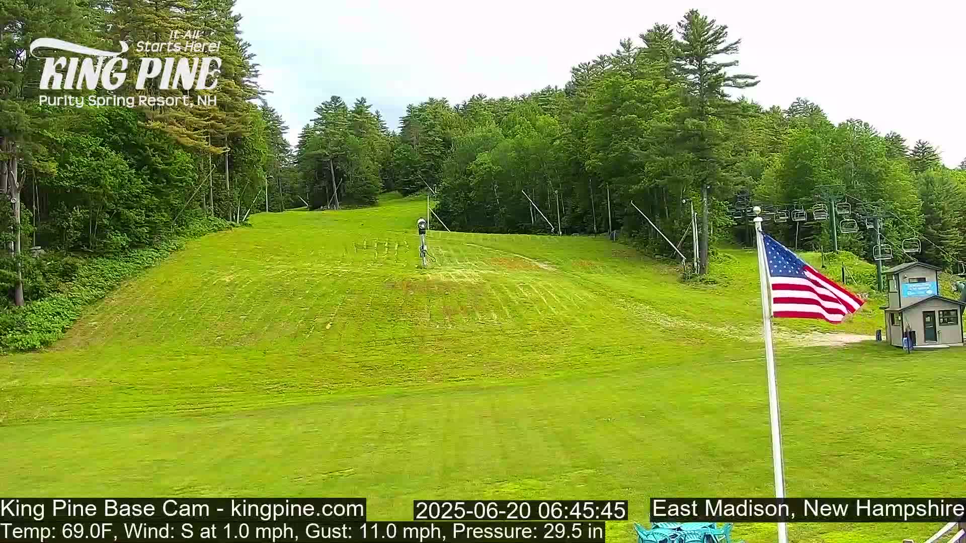 A grassy ski slope, mostly green with some brown patches, is visible, with a chairlift and an American flag in the background under a partly cloudy sky.