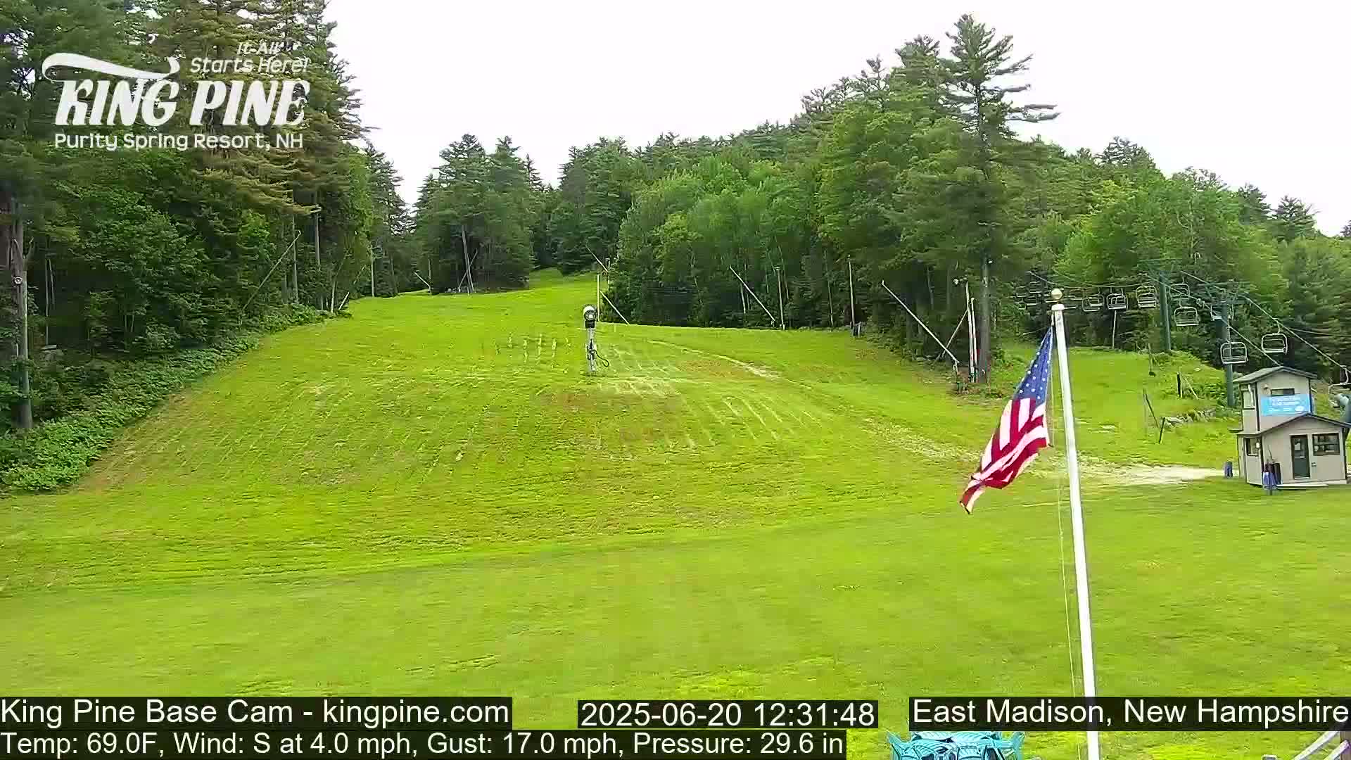 A grassy ski slope with a chairlift and an American flag is visible on a partly cloudy day.