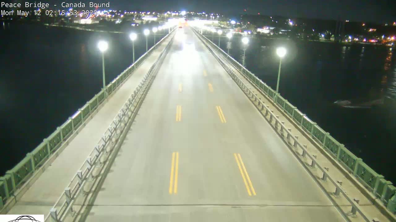 A mostly empty highway spans a bridge over dark water at night, lit by streetlights.