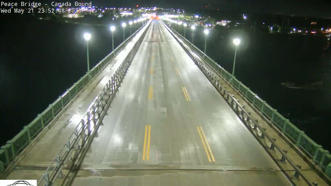 A wet, empty roadway on a bridge at night is illuminated by streetlights, with dark water visible below.