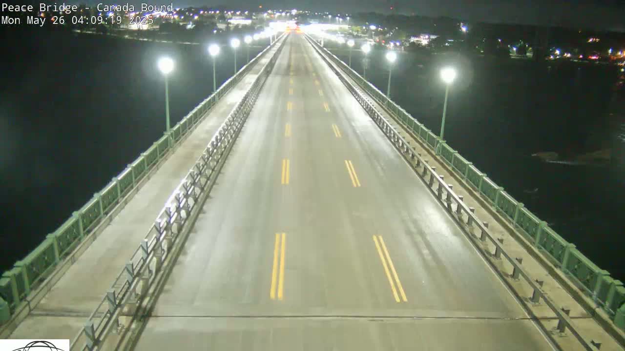 A wet, empty highway stretches across a bridge at night, illuminated by streetlights on either side, with dark water visible below.