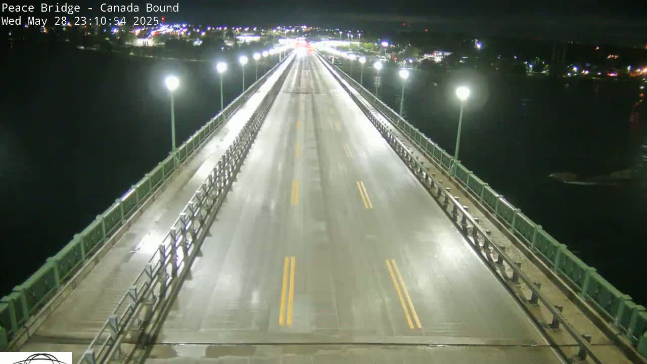 A wet, two-lane bridge at night is illuminated by streetlights, with sparsely-spaced vehicles traveling toward the camera.
