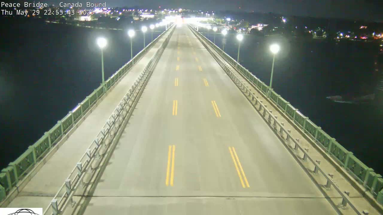 A mostly empty, well-lit highway spans a dark body of water at night, bordered by railings and lampposts.