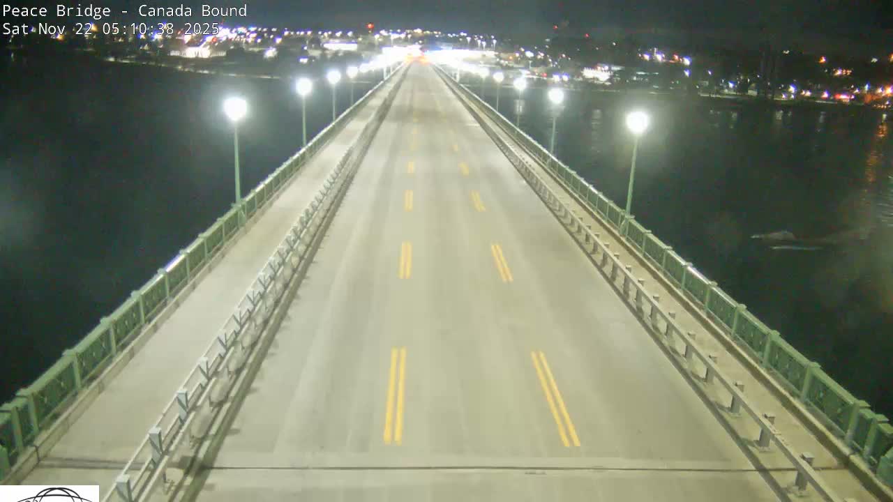An empty, brightly lit bridge with double yellow lines stretches across dark water at night, with distant city lights visible under clear skies.