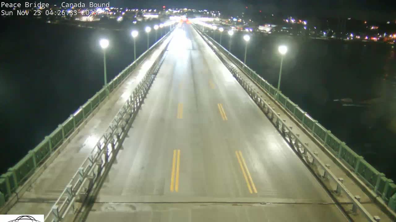 A wet, multi-lane bridge extends into the dark distance at night, brightly illuminated by numerous streetlights, with dark water and distant city lights visible on either side.