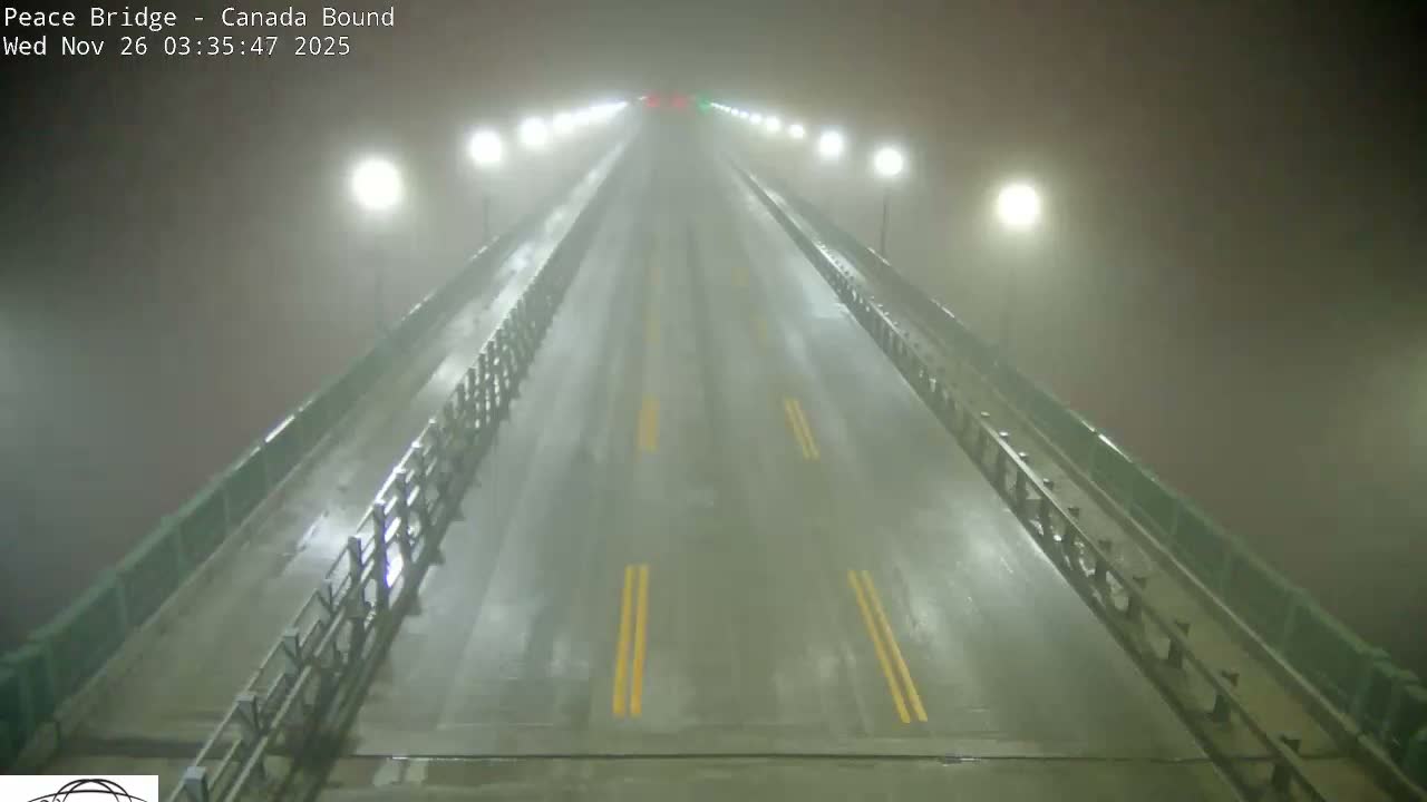 A wide overhead view shows a multi-lane bridge stretching into the distance at night, heavily shrouded in dense fog with visible streetlights illuminating the wet roadway.