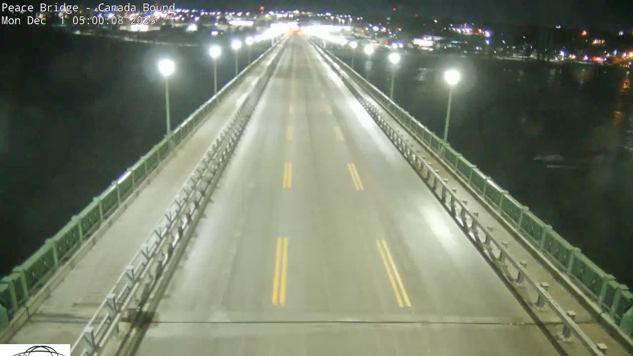 A brightly lit, multi-lane bridge with green railings extends over dark water at night under clear weather conditions, with distant city lights visible on the horizon.
