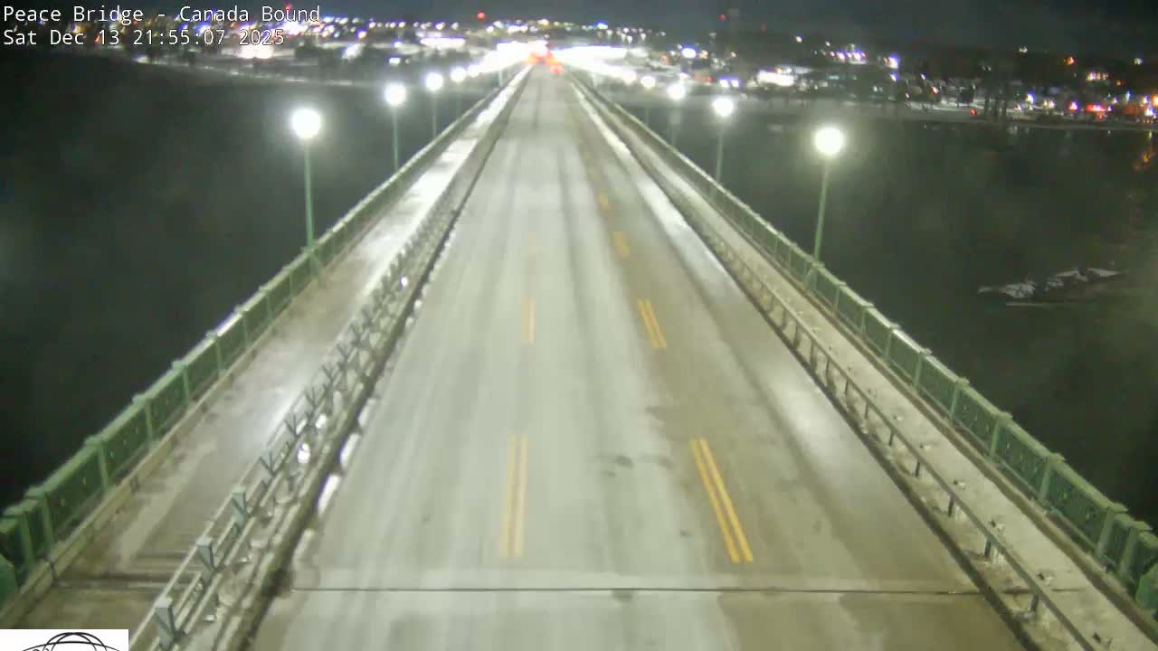 An overhead night view captures a well-lit bridge with a damp road surface stretching into the distance, bordered by dark water, under a clear sky with distant city lights.