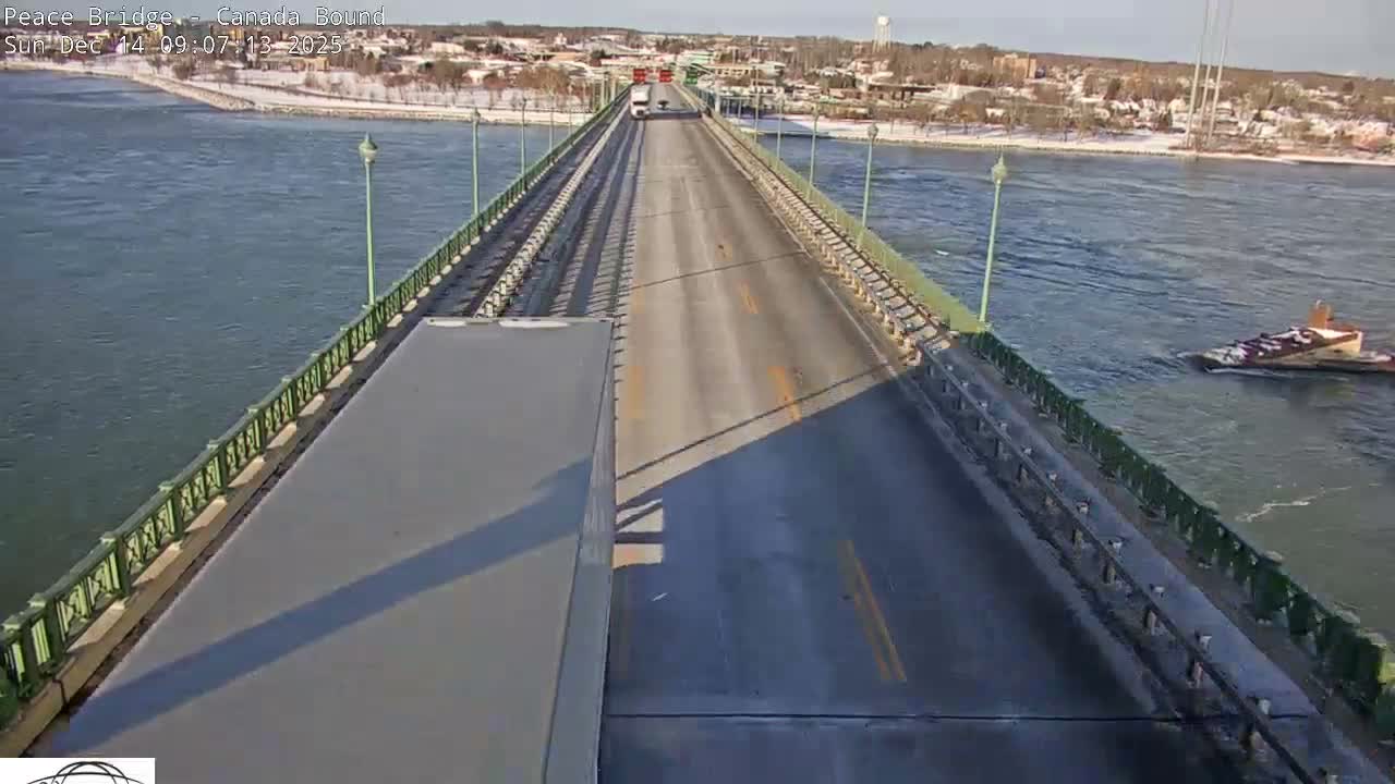 An overhead night view captures a well-lit bridge with a damp road surface stretching into the distance, bordered by dark water, under a clear sky with distant city lights.