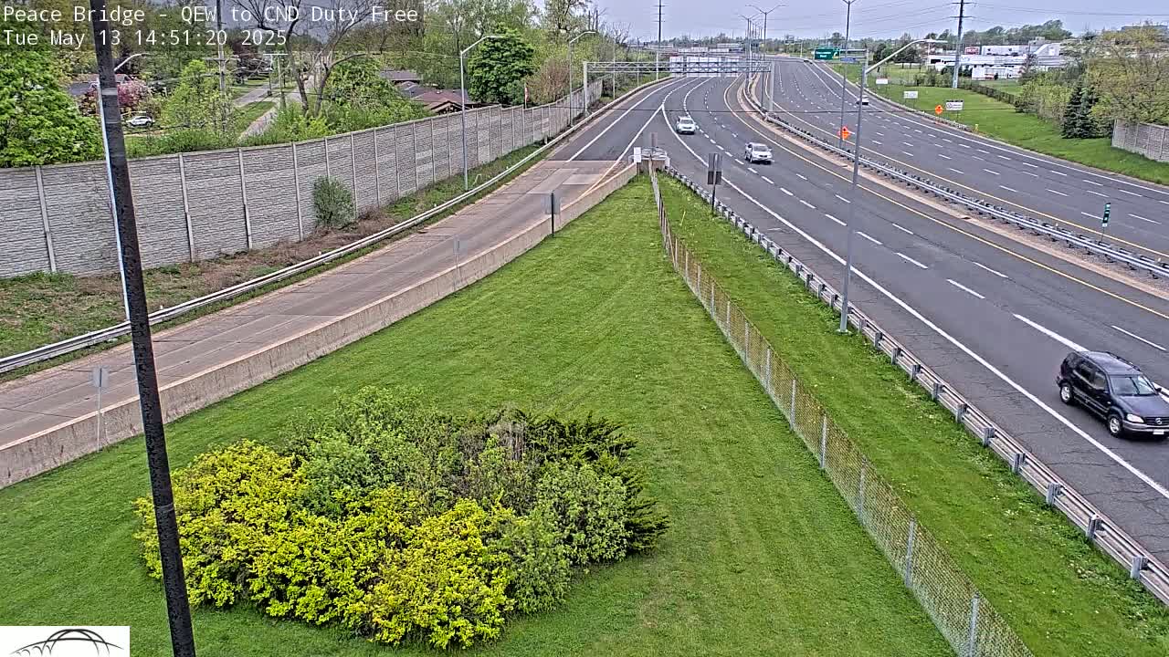 A highway with a few cars driving on it is seen from an elevated vantage point on an overcast day, next to a grassy area with some shrubs.