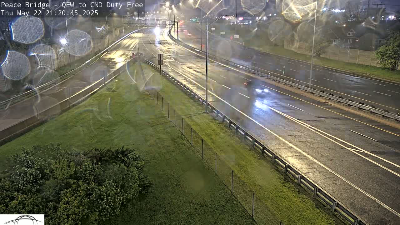 A rain-slicked highway at night, with a few vehicles visible, curves gently through a grassy median.