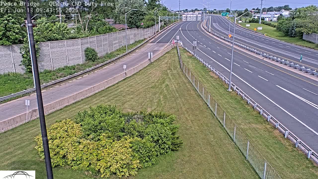 A mostly empty highway with a grassy median, under a partly cloudy sky.