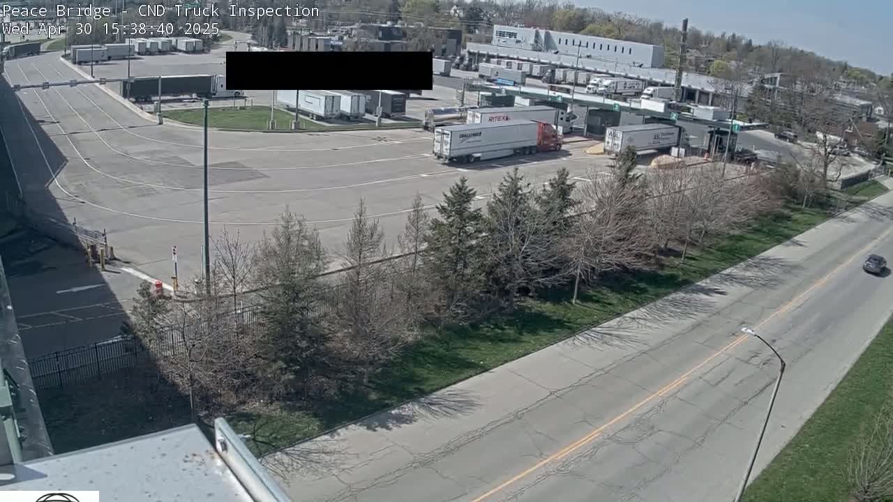 A sunny day shows a truck inspection area with several semi-trucks, some parked and others being inspected, near a roadway lined with trees.