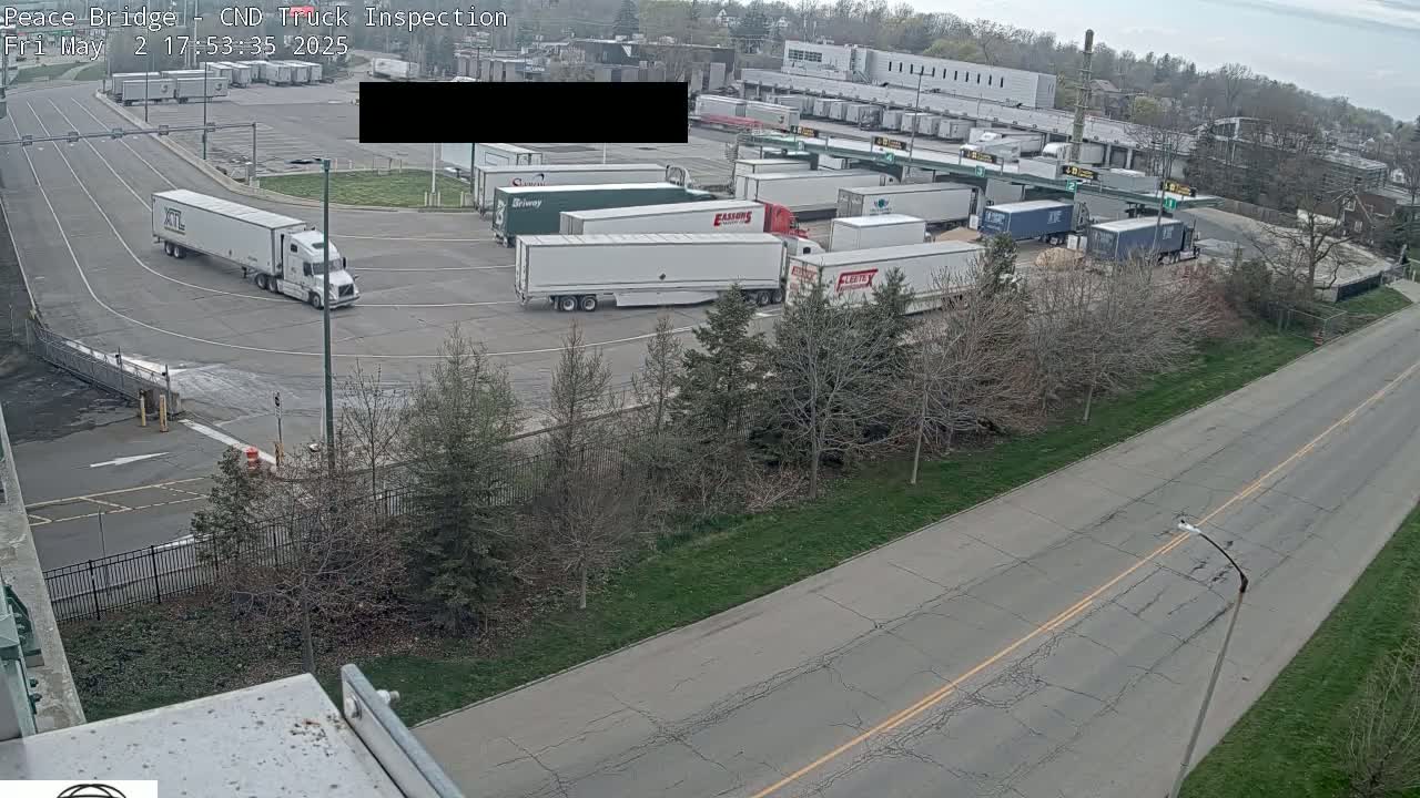 Several semi-trailer trucks are parked in a paved lot on an overcast day, next to a road lined with bare trees and shrubs.