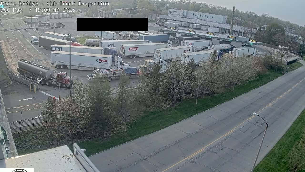 An overcast day shows numerous semi-trucks parked and driving in a large lot near a road lined with bare trees.