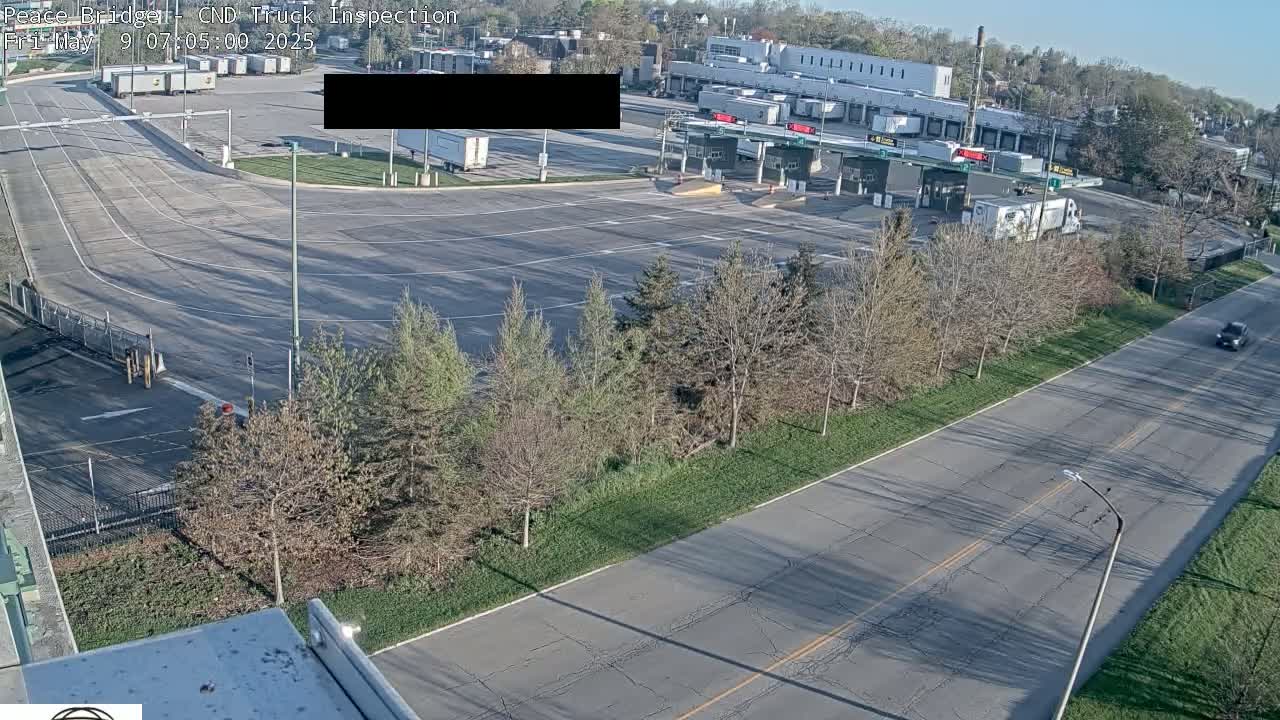 A truck inspection station with several trucks, a roadway with a single car, and a row of bare trees under a sunny sky.