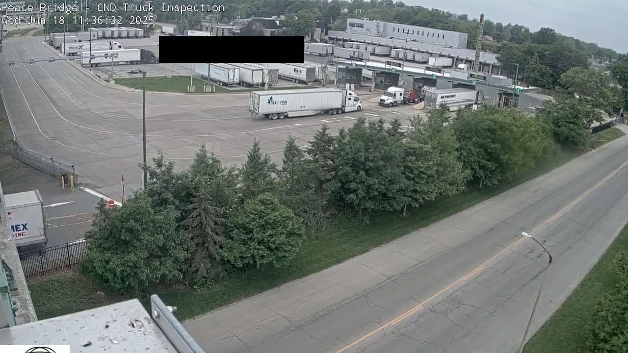 Several semi-trucks are parked in a large paved lot near a truck inspection station, with additional trucks visible further away on an overcast day.