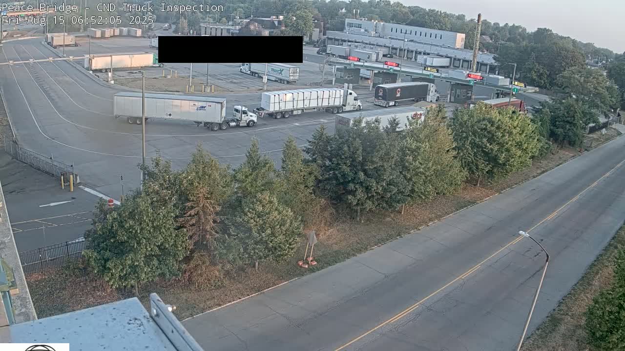 A nighttime view of a truck inspection area with several semi-trucks parked, and a roadway leading to it, under hazy conditions.