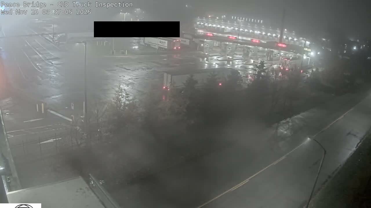 The image displays a wet, foggy, or rainy night scene at a truck inspection station or toll plaza, illuminated by numerous streetlights, building lights, and vehicle taillights.