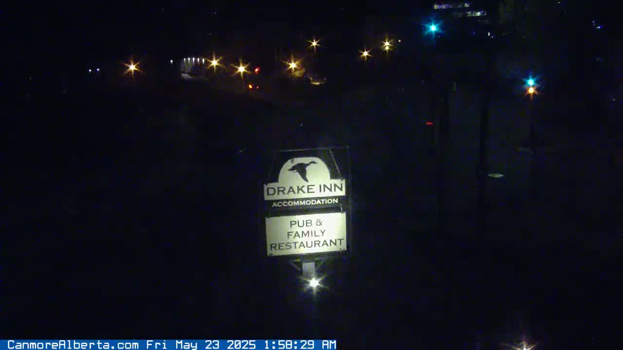 A nighttime view of a Drake Inn sign illuminated by a light source, with distant streetlights visible in the background.