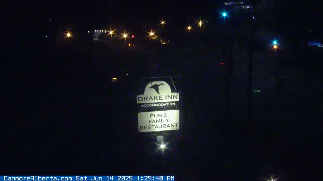 A nighttime view of a Drake Inn sign illuminated by a nearby light source, with distant streetlights visible in the background.