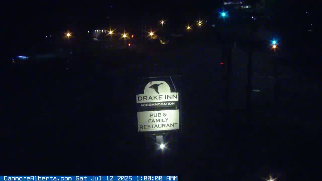 A nighttime, outdoor view of a Drake Inn sign illuminated by a light at its base, with distant lights visible in the background.
