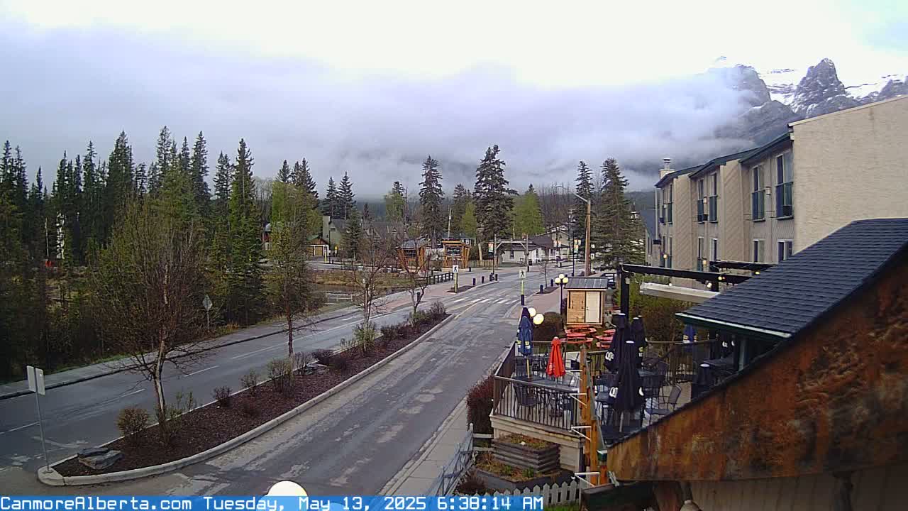 A mostly cloudy, overcast day reveals a mountain town street scene with a hotel and some trees, where mountains are visible in the background partially obscured by clouds.