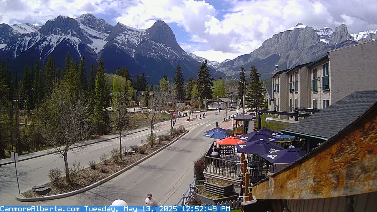 A partly cloudy day reveals a mountain town scene with a street leading towards snow-capped mountains, a few pedestrians, and an outdoor patio area with umbrellas.
