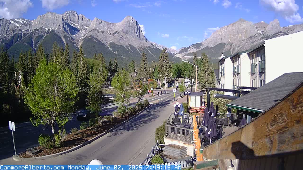 A sunny mountain town street scene features a paved road leading towards imposing mountains under a mostly clear sky, with buildings, trees, and outdoor seating visible.