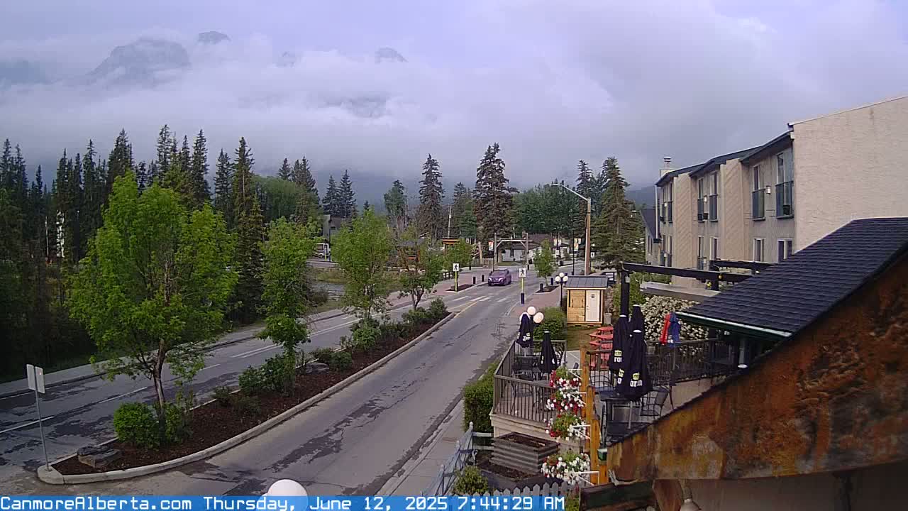 A partly cloudy day shows a street scene with mountains in the background, trees lining the road, and a building with an outdoor patio in the foreground.