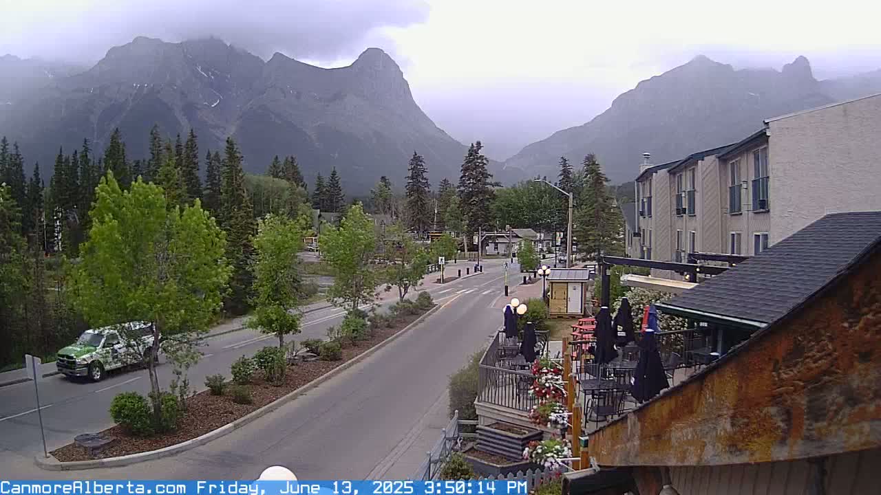 A partly cloudy day reveals a mountain range overlooking a town's street with vehicles and outdoor seating at a restaurant.