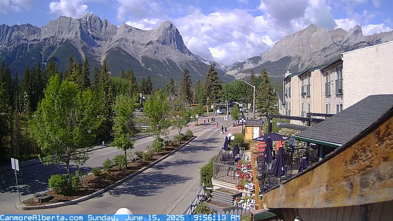 A partly sunny day reveals a mountain view overlooking a town's street with buildings, trees, and outdoor seating areas.