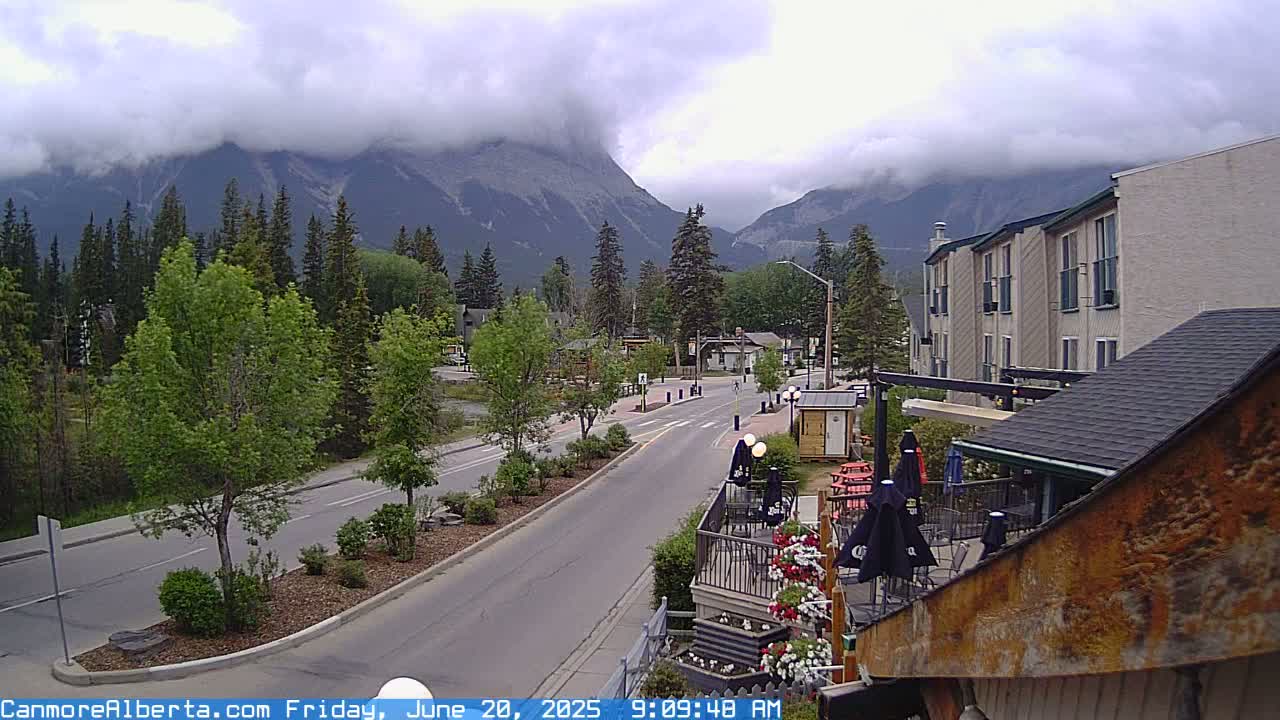 A mostly cloudy day reveals a mountain range behind a town street scene with some buildings and lush green trees.