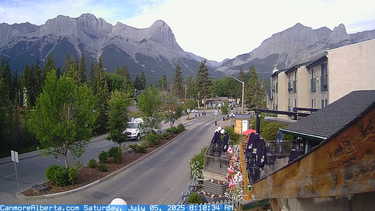 A mountain town street scene under a mostly clear sky shows a roadway leading toward a large mountain range, with buildings and trees lining the street and patio seating visible in the foreground.