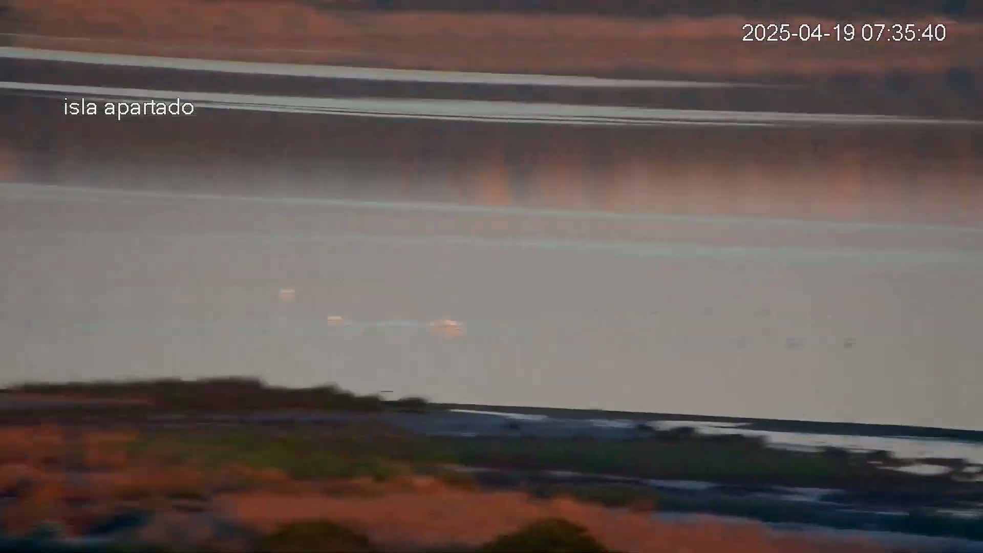A hazy, light-colored body of water is visible with a few small, indistinct objects on its surface and muted-colored land in the foreground and background.