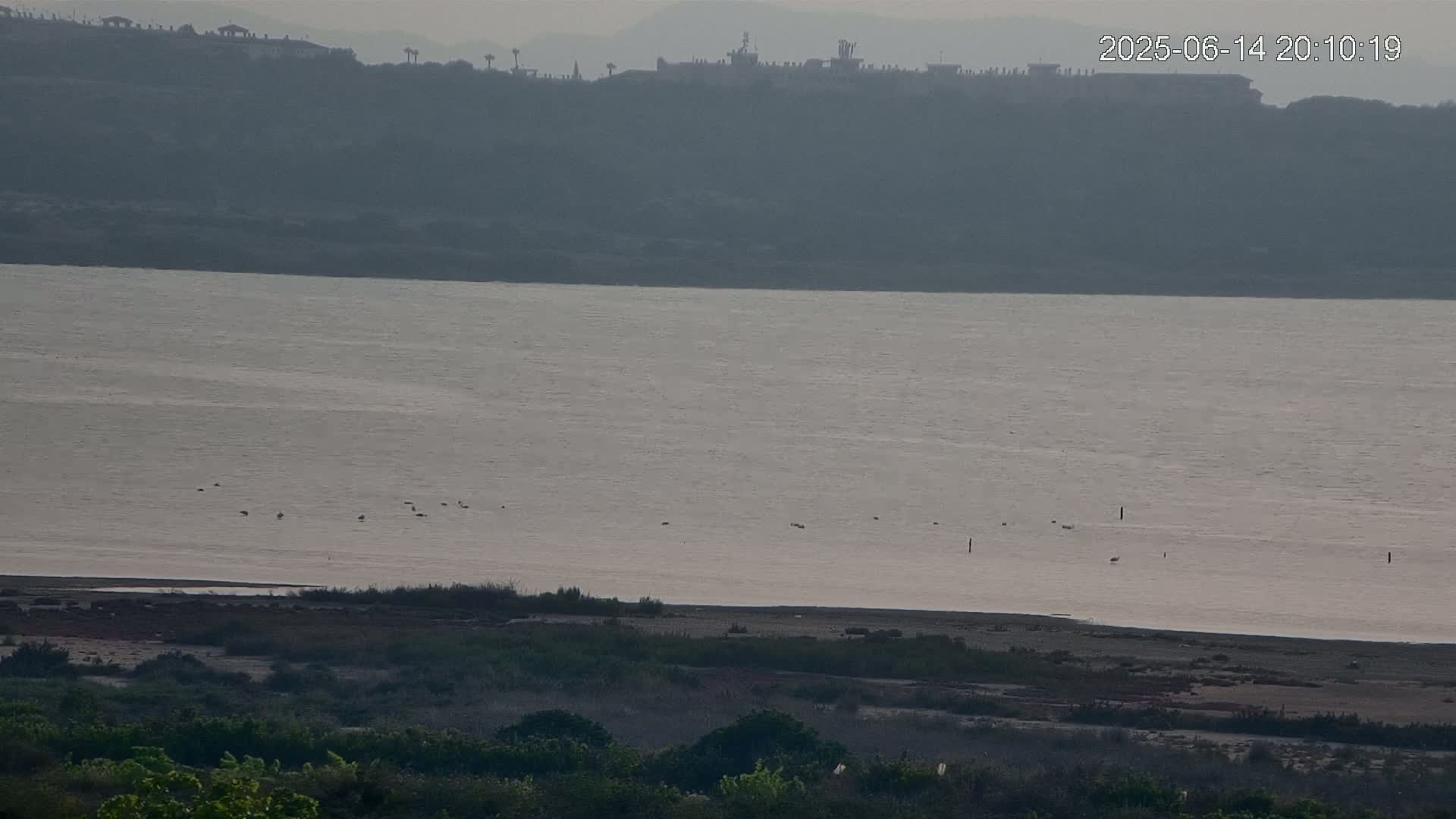 A calm, light-grey body of water stretches out before a hazy, dark hilltop, with sparse vegetation at the bottom of the frame.