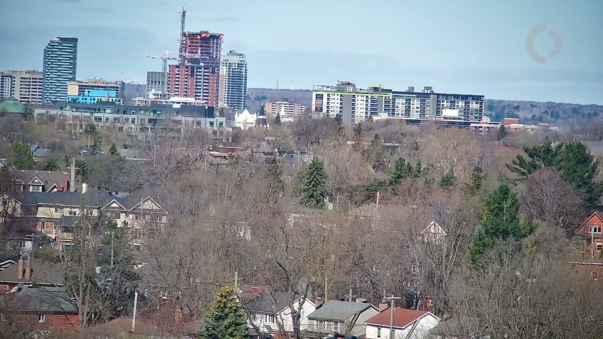 A city skyline with several high-rise buildings under construction is visible beyond a layer of leafless trees and residential houses on a clear, sunny day.