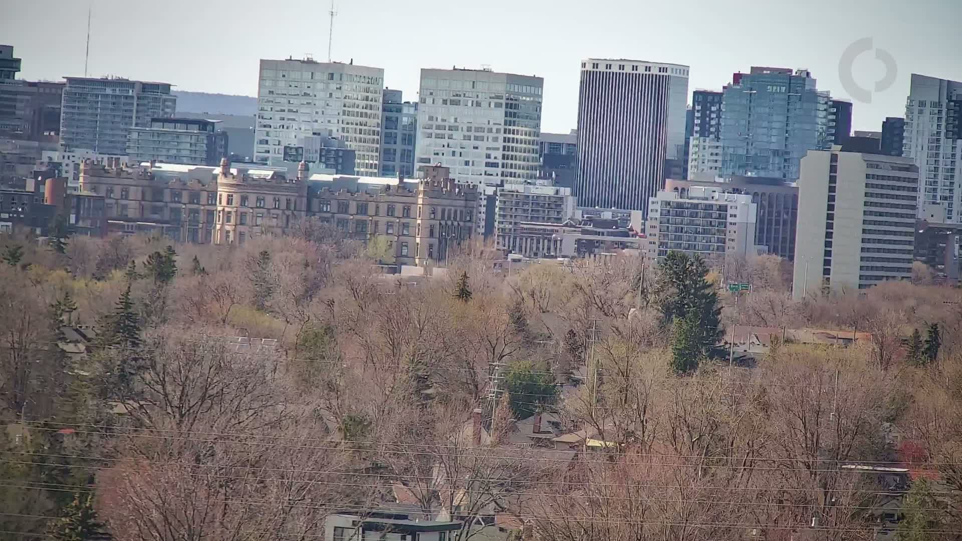 A cityscape with several high-rise buildings is visible beyond a foreground of bare trees on a hazy day.