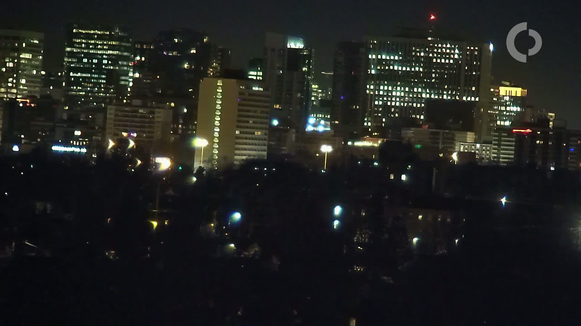 A cityscape at night, illuminated by many windows and streetlights, is partially obscured by dark trees in the foreground.