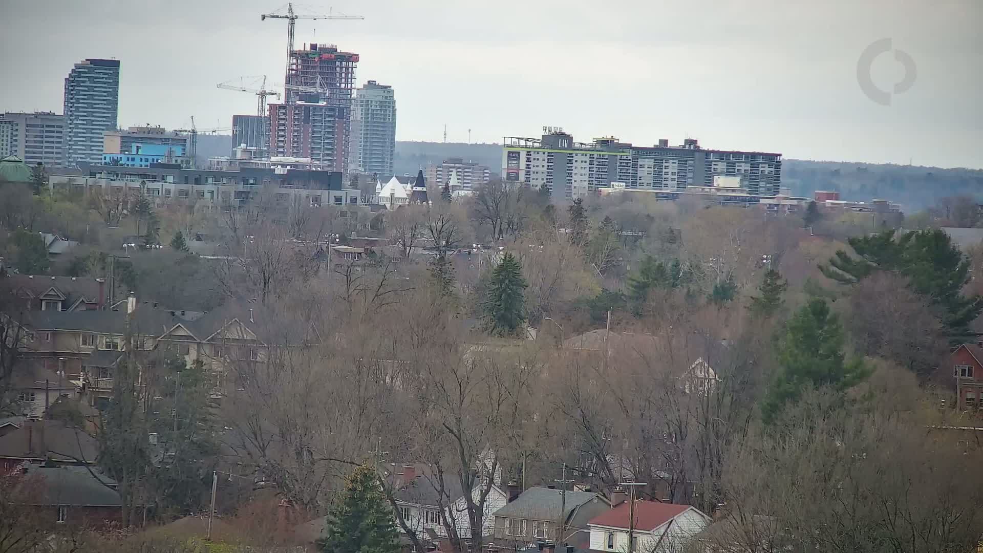 A cityscape with several high-rise buildings under construction is visible in the distance beyond a layer of leafless trees and houses, all under an overcast sky.
