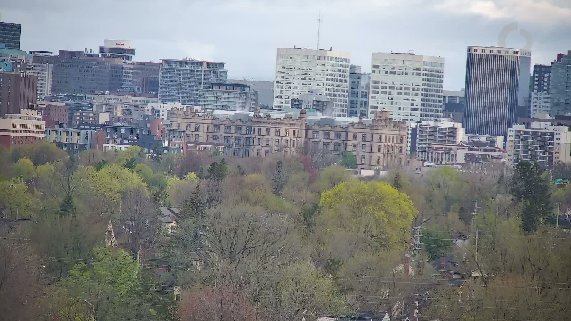 A cityscape with several tall buildings is partially obscured by a swath of trees that are beginning to show their spring leaves under an overcast sky.