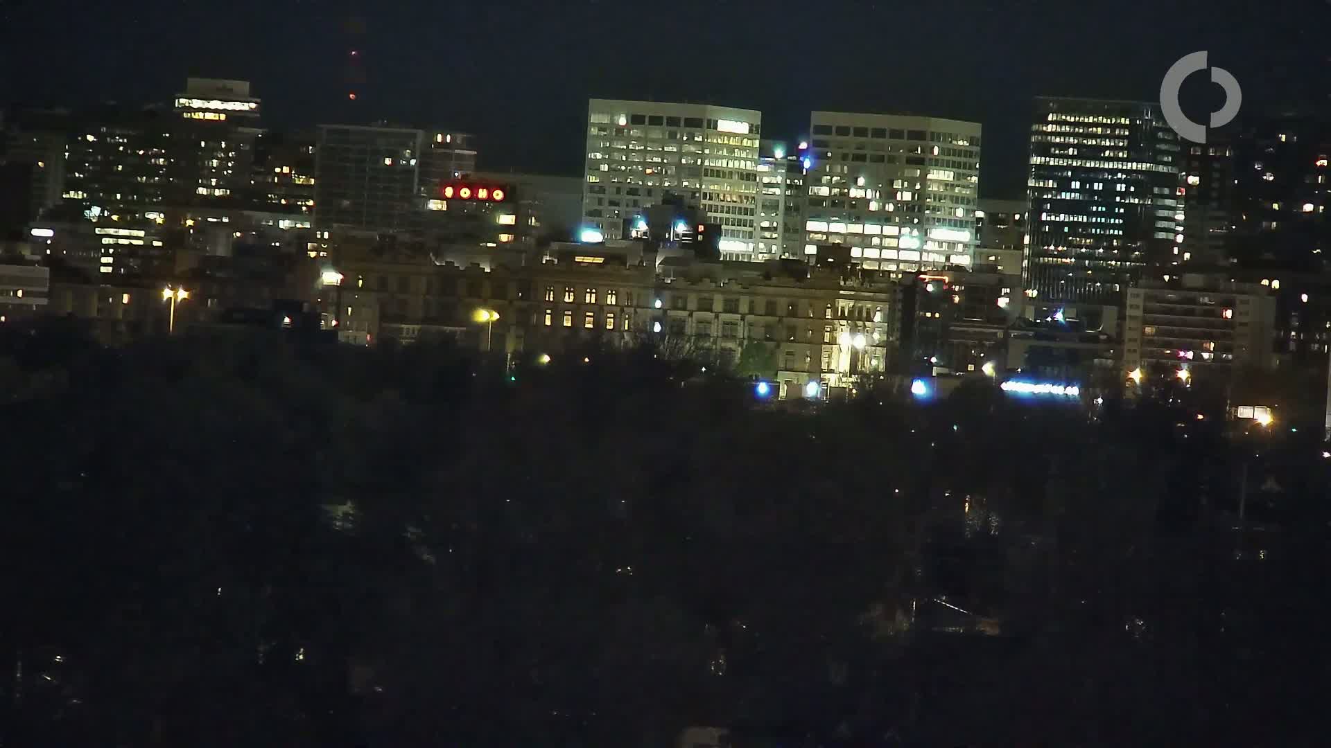 A cityscape at night, with illuminated buildings of varying heights and styles, sits behind a dark expanse of trees under a clear, dark sky.